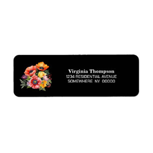 Poppy Flowers Black Return Address Label