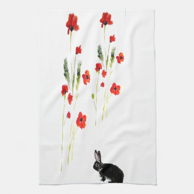 Poppy Flowers Bunny Rabbit Kitchen Towel (Vertical)