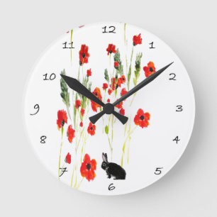 Poppy Flowers Bunny Rabbit Round Clock