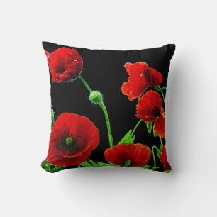 Poppy Flowers Colourful Floral Abstract Red Black Throw Pillow