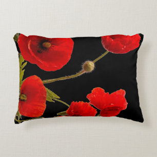 Poppy Flowers Colourful Red Floral Abstract Black Accent Pillow