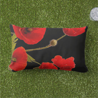 Poppy Flowers Colourful Red Floral Abstract Black Lumbar Pillow