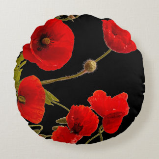 Poppy Flowers Colourful Red Floral Abstract Black Round Pillow