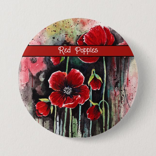 Poppy  Flowers In Watercolor 3 Inch Round Button (Front)
