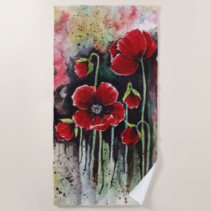 Poppy Flowers In Watercolor  Beach Towel