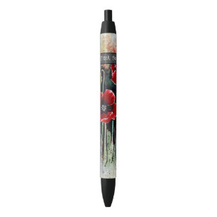 Poppy Flowers In Watercolor Black Ink Pen