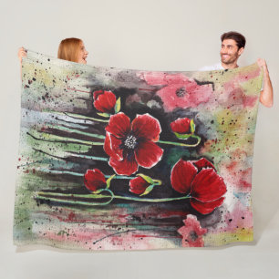 Poppy Flowers In Watercolor Fleece Blanket