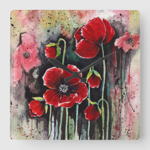 Poppy Flowers In Watercolor Square Wall Clock
