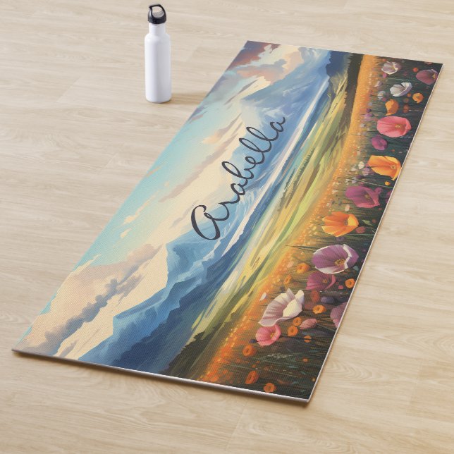 Poppy Flowers  Mountains Nature Illustration Yoga Mat (In Situ)