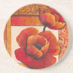 Poppy Flowers on Tan and Orange Background Coaster