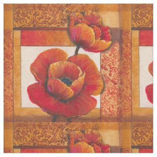 Poppy Flowers on Tan and Orange Background Fabric