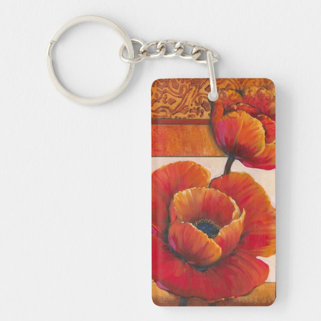 Poppy Flowers on Tan and Orange Background Keychain (Front)