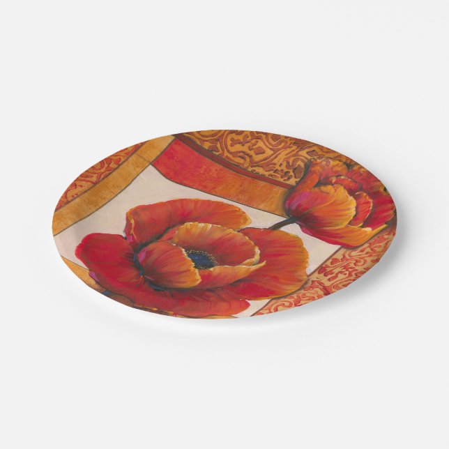 Poppy Flowers on Tan and Orange Background Paper Plate (Angled)