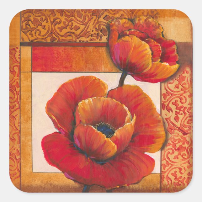 Poppy Flowers on Tan and Orange Background Square Sticker (Front)