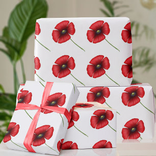Poppy Flowers Pattern Red and White Wrapping Paper