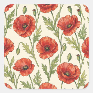 Poppy flowers pattern square sticker