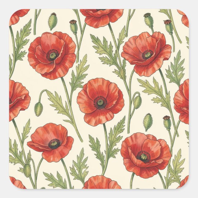 Poppy flowers pattern square sticker (Front)