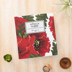 Poppy Flowers, Petals, Leaves - Red Green Black Binder