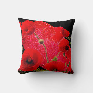 Poppy Flowers Red Glitter Sparkle Black Colourful Throw Pillow