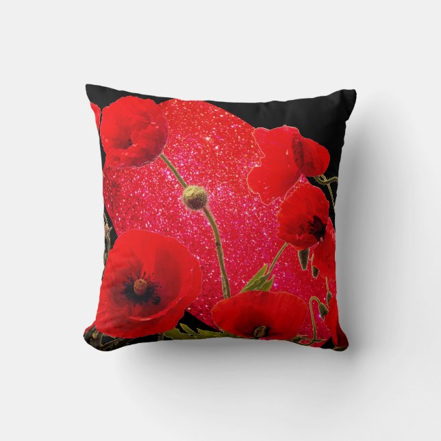 Poppy Flowers Red Glitter Sparkle Black Colourful Throw Pillow (Front)