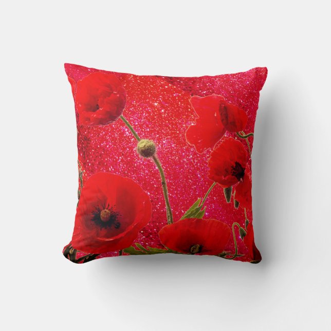 Poppy Flowers Red Glitter Sparkle Glittery 2020 Throw Pillow (Front)