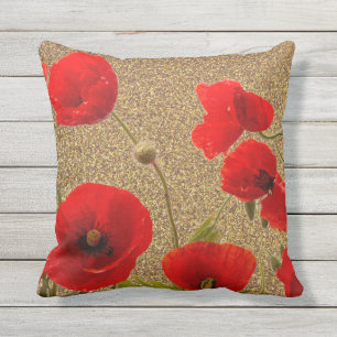 Poppy Flowers Red Gold Glitter Golden Rustic Outdoor Pillow