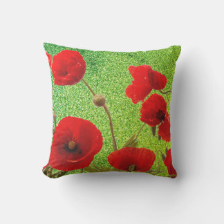 Poppy Flowers Red Green Glitter Artsy Abstract Outdoor Pillow