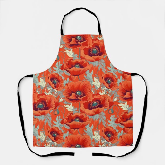 Poppy Flowers Red Grey  Apron (Front)