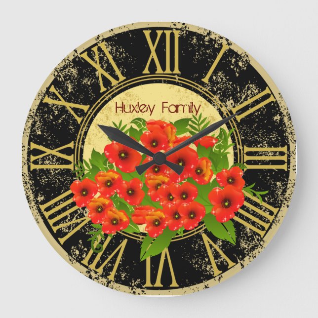 Poppy Flowers Vintage Wall Clock (Front)