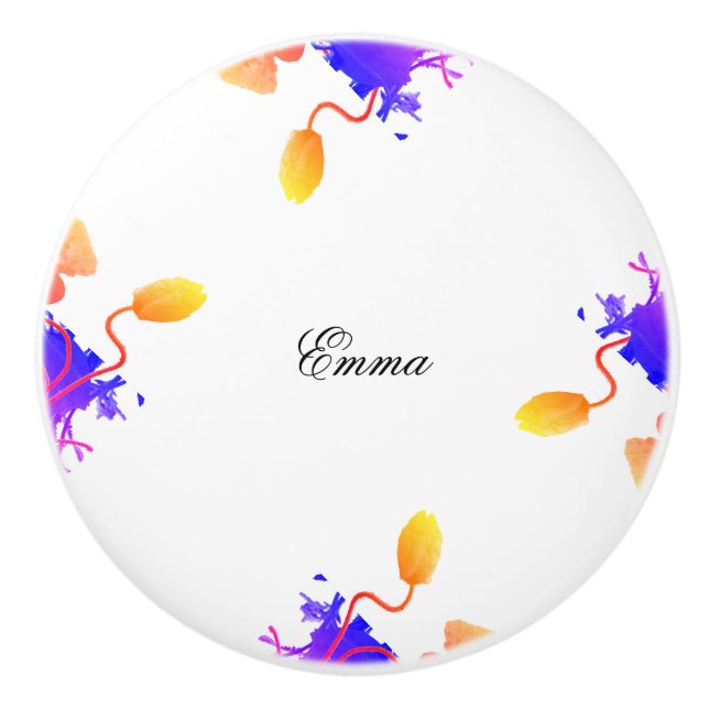 Poppy Flowers Watercolor Floral Custom Name Ceramic Knob (Front)
