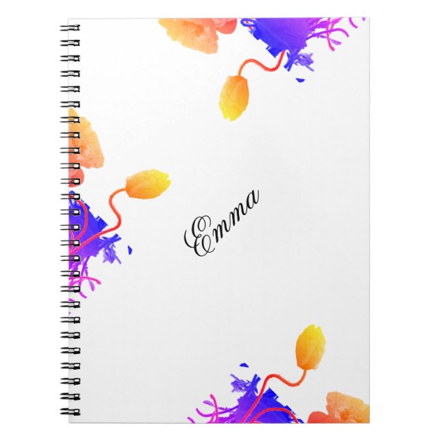 Poppy Flowers Watercolor Floral Custom Name Notebook (Front)