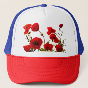 Poppy Flowers Watercolor Floral Red Blue White Trucker Hat