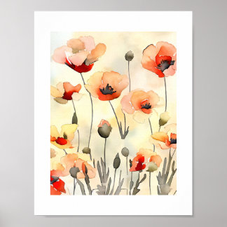 Poppy Flowers Watercolor minimalist painting Poster
