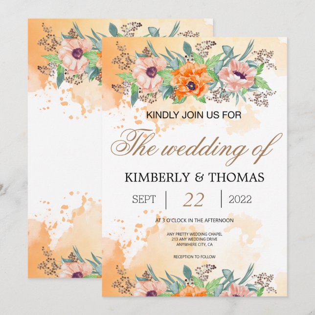 Poppy Flowers Watercolor Wedding Invitation (Front/Back)