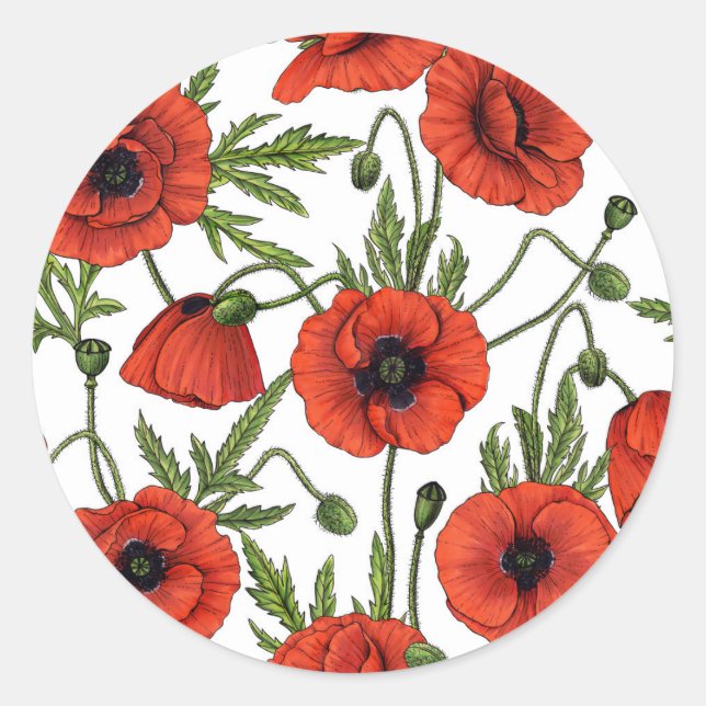 Poppy garden in coral and brown classic round sticker (Front)