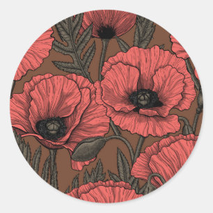 Poppy garden in coral and brown classic round sticker