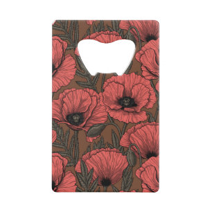 Poppy garden in coral and brown credit card bottle opener
