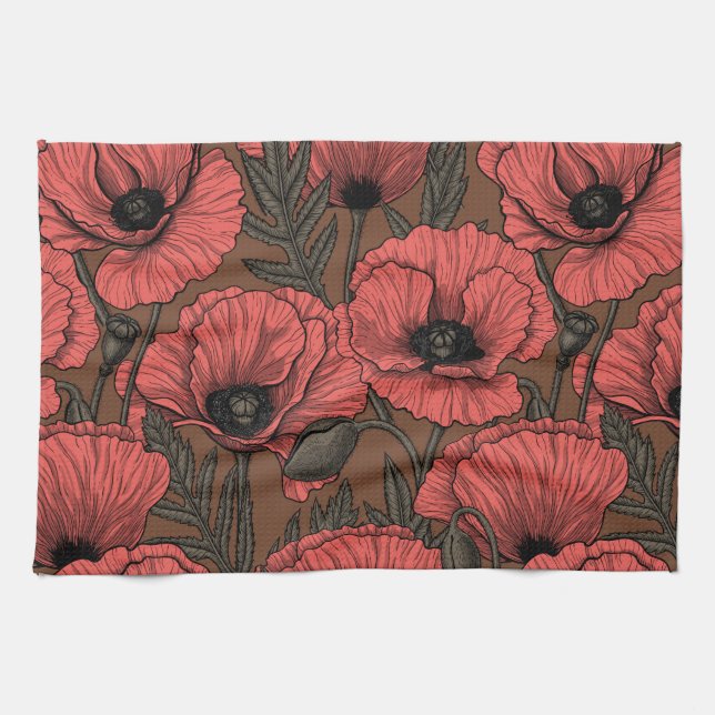 Poppy garden in coral and brown kitchen towel (Horizontal)