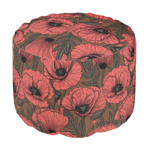 Poppy garden in coral and brown pouf