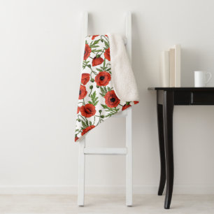 Poppy garden in coral and brown sherpa blanket