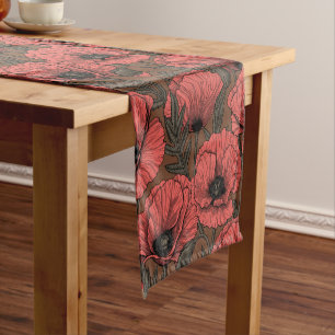 Poppy garden in coral and brown short table runner