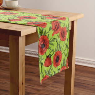 Poppy garden in coral and brown short table runner