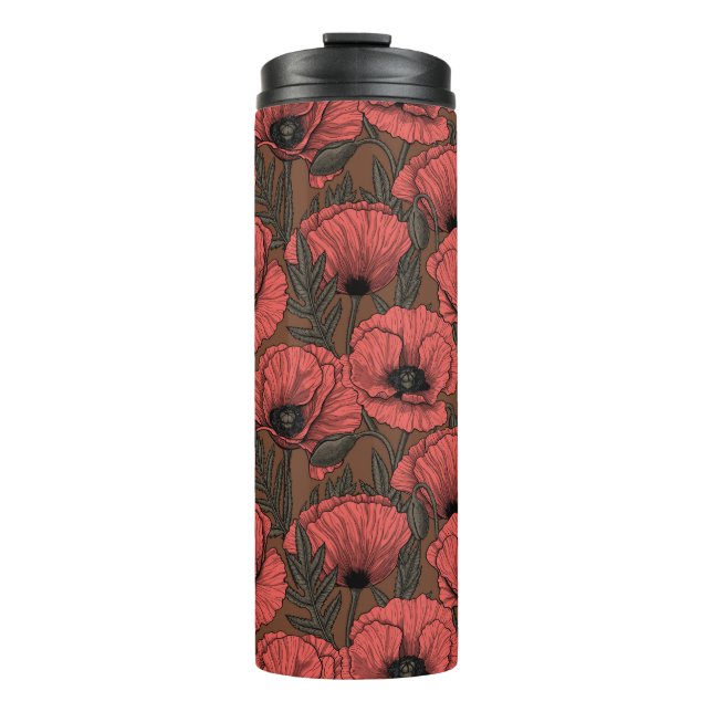 Poppy garden in coral and brown thermal tumbler (Front)