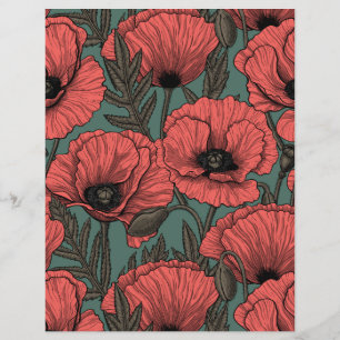 Poppy garden in coral, brown and pine green