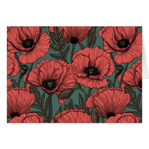Poppy garden in coral, brown and pine green