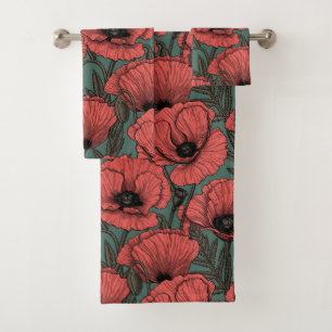 Poppy garden in coral, brown and pine green bath towel set