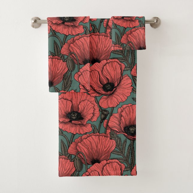 Poppy garden in coral, brown and pine green bath towel set (Insitu)