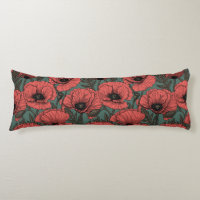 Poppy garden in coral, brown and pine green