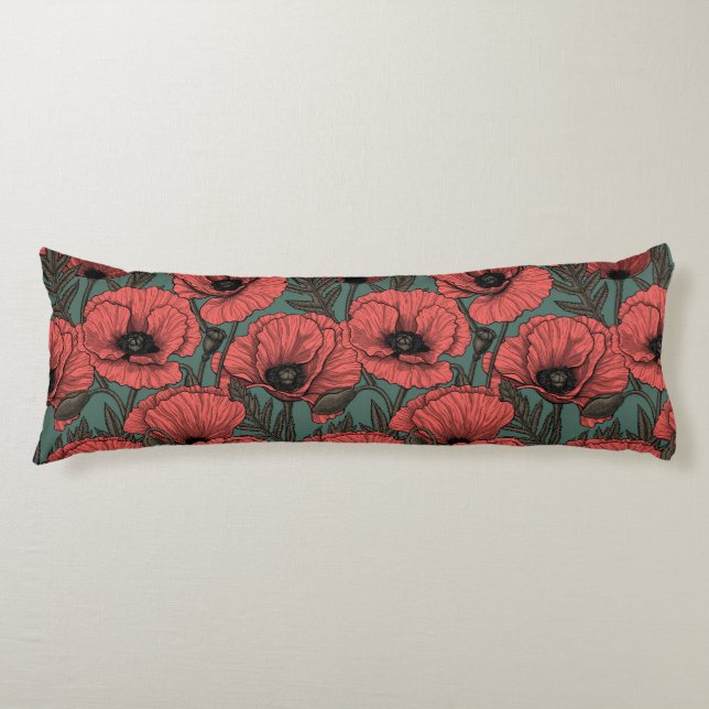 Poppy garden in coral, brown and pine green body pillow (Front)