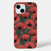 Poppy garden in coral, brown and pine green